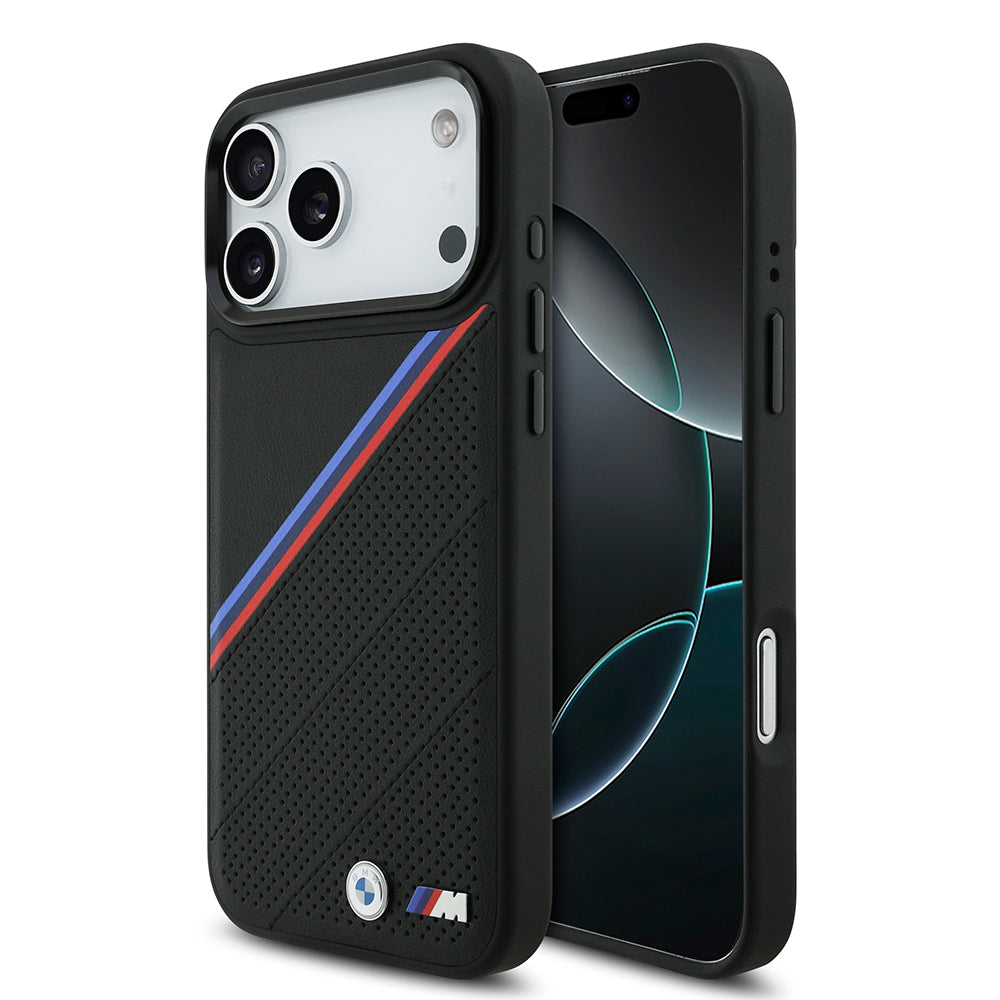 iPhone 17 Pro Max Kılıf BMW Orijinal Lisanslı M-safe Şarj Özellikli M Logolu Üç Şeritli Delikli Deri Kılıf