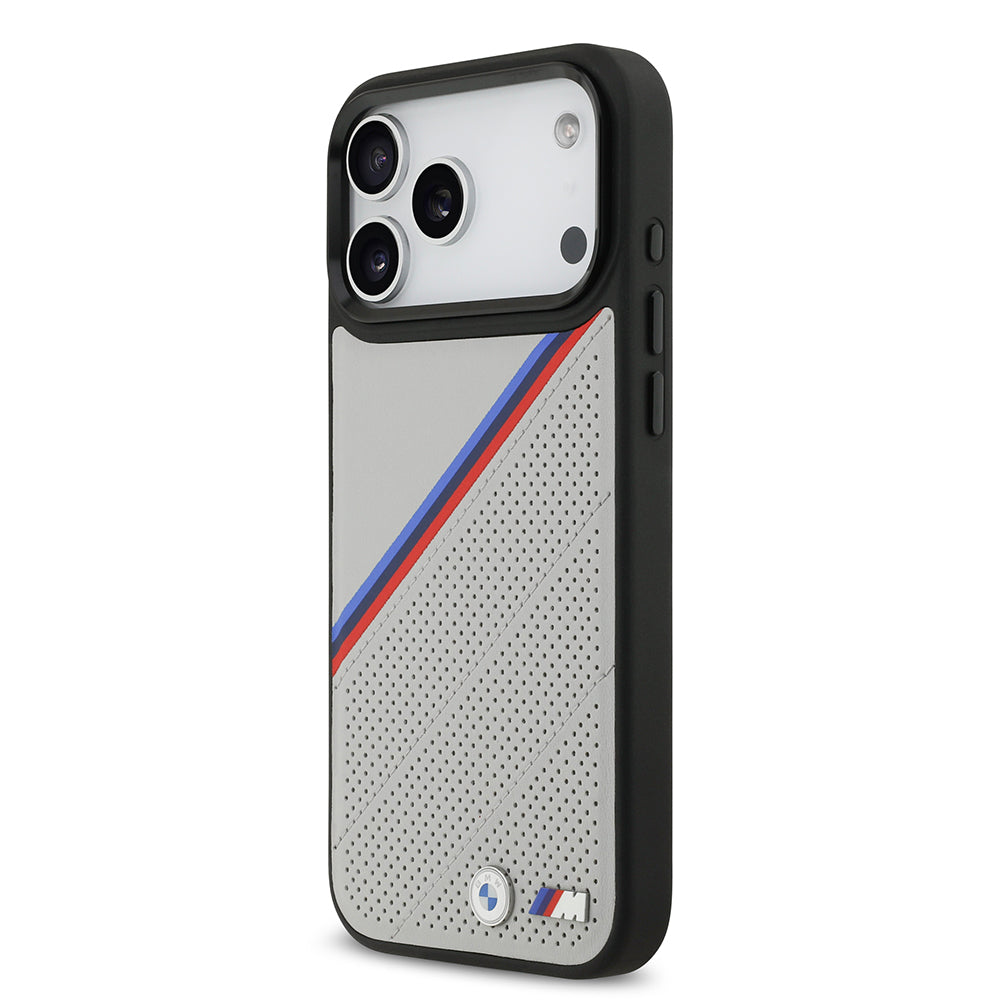 iPhone 17 Pro Max Kılıf BMW Orijinal Lisanslı M-safe Şarj Özellikli M Logolu Üç Şeritli Delikli Deri Kılıf
