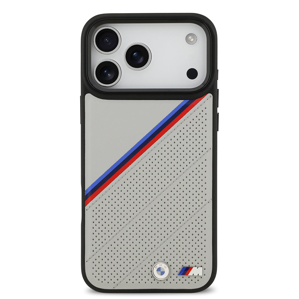 iPhone 17 Pro Max Kılıf BMW Orijinal Lisanslı M-safe Şarj Özellikli M Logolu Üç Şeritli Delikli Deri Kılıf