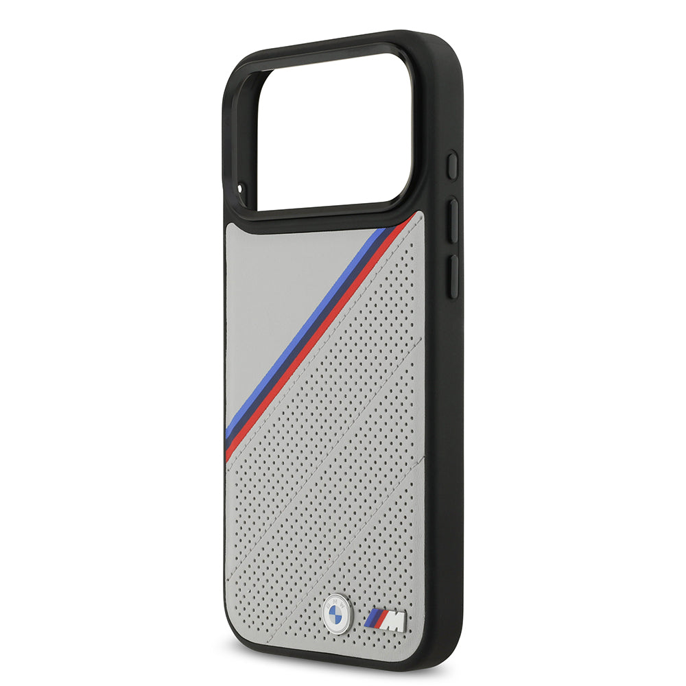 iPhone 17 Pro Max Kılıf BMW Orijinal Lisanslı M-safe Şarj Özellikli M Logolu Üç Şeritli Delikli Deri Kılıf