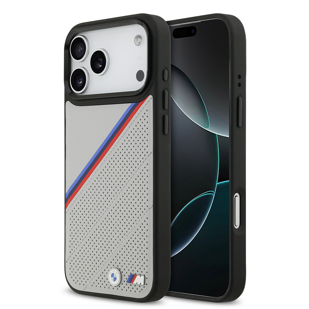 iPhone 17 Pro Max Kılıf BMW Orijinal Lisanslı M-safe Şarj Özellikli M Logolu Üç Şeritli Delikli Deri Kılıf