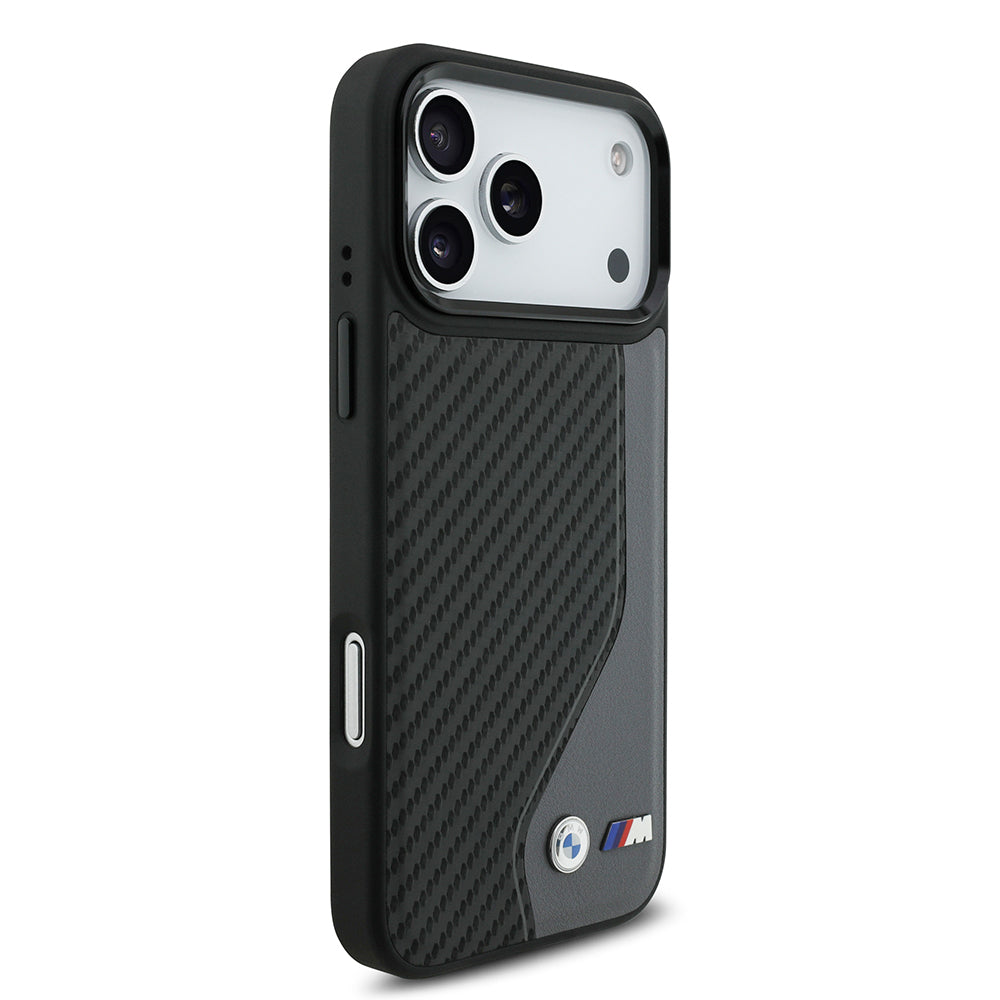 iPhone 17 Pro Max Kılıf BMW Orijinal Lisanslı M-safe Şarj Özellikli Metal BMW ve M Logolu PU Karbon Tasarımlı Kılıf