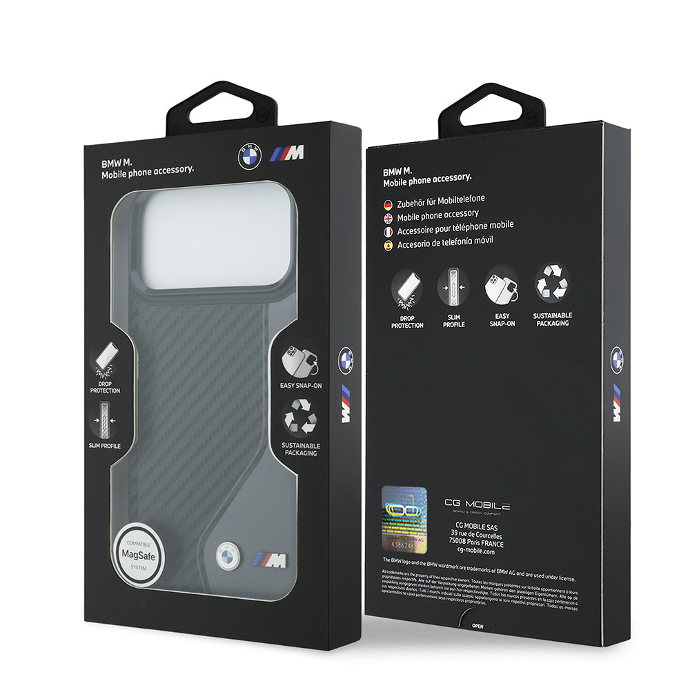 iPhone 17 Pro Max Kılıf BMW Orijinal Lisanslı M-safe Şarj Özellikli Metal BMW ve M Logolu PU Karbon Tasarımlı Kılıf