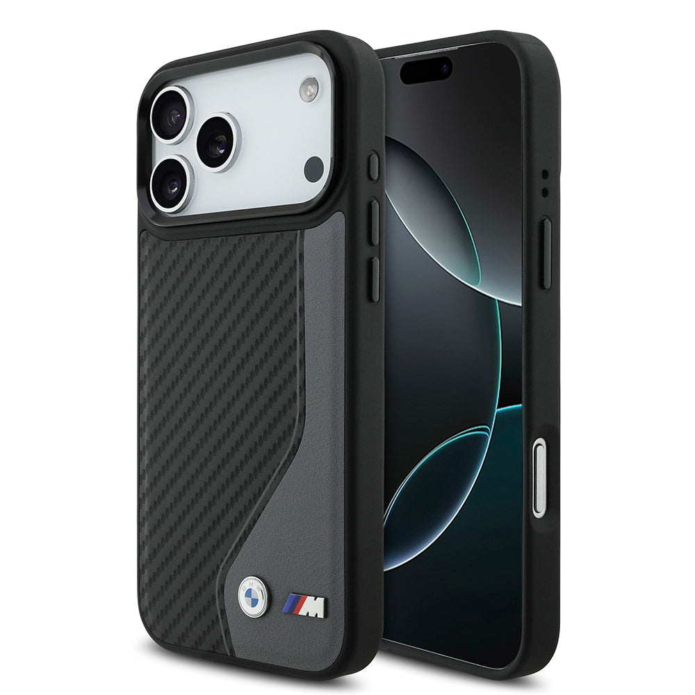 iPhone 17 Pro Max Kılıf BMW Orijinal Lisanslı M-safe Şarj Özellikli Metal BMW ve M Logolu PU Karbon Tasarımlı Kılıf