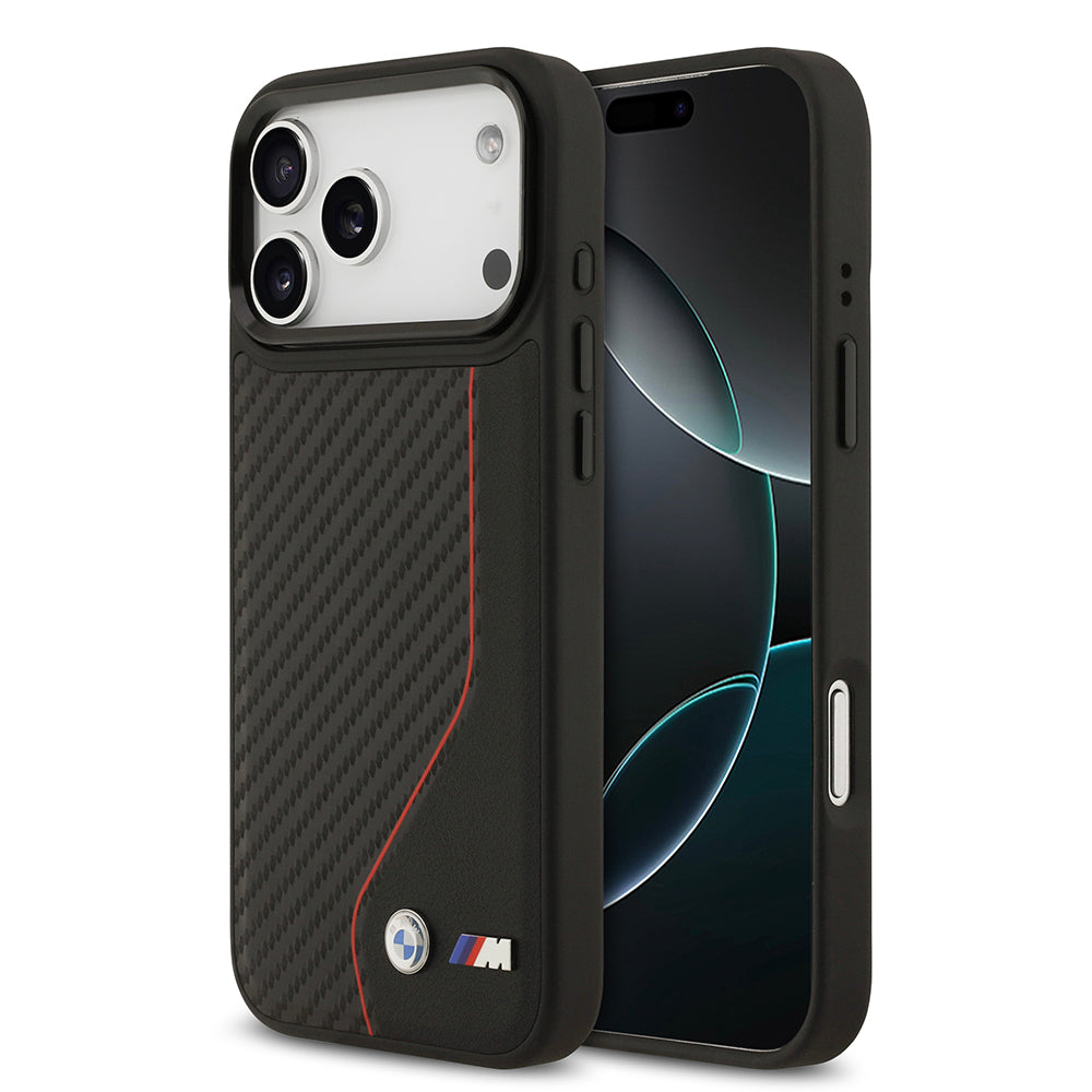 iPhone 17 Pro Max Kılıf BMW Orijinal Lisanslı M-safe Şarj Özellikli Metal BMW ve M Logolu PU Karbon Tasarımlı Kılıf