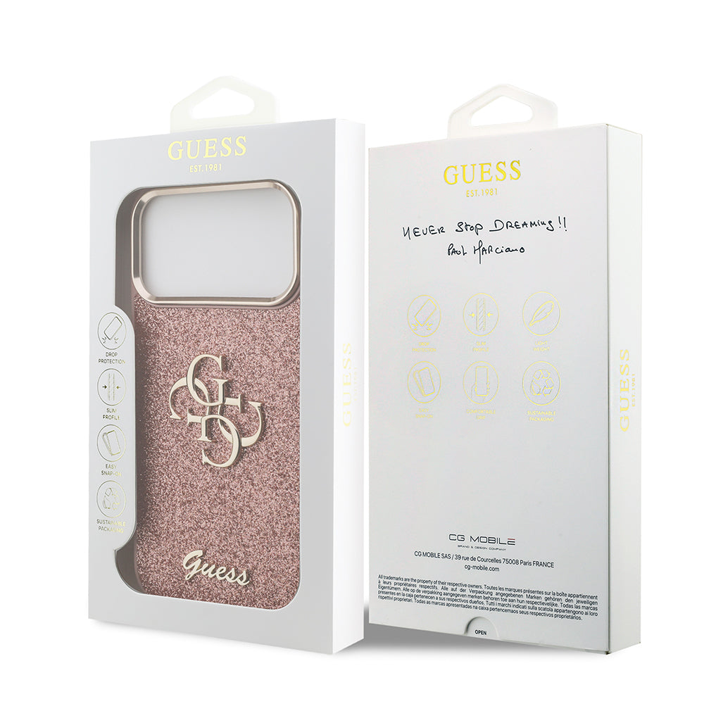 iPhone 17 Pro Max Kılıf Guess Orijinal Lisanslı 4G Büyük Metal Kamera Çerçeveli ve Logolu Glitter Kılıf