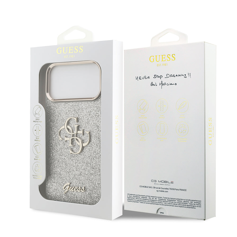 iPhone 17 Pro Max Kılıf Guess Orijinal Lisanslı 4G Büyük Metal Kamera Çerçeveli ve Logolu Glitter Kılıf
