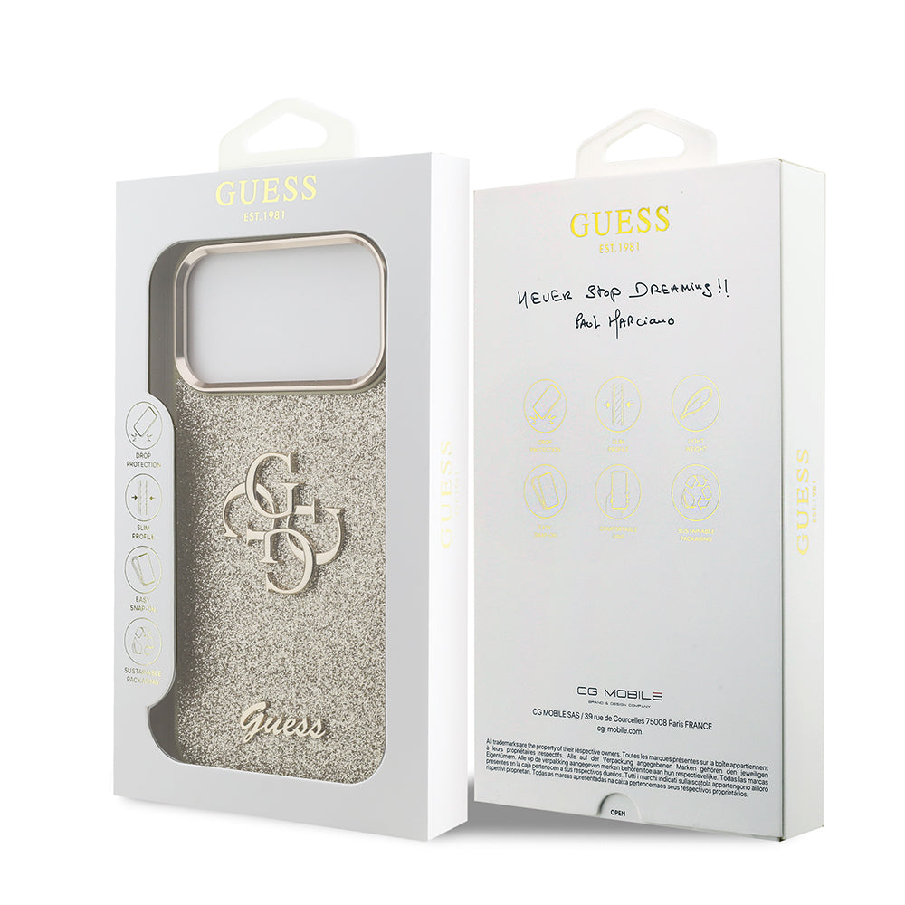 iPhone 17 Pro Max Kılıf Guess Orijinal Lisanslı 4G Büyük Metal Kamera Çerçeveli ve Logolu Glitter Kılıf