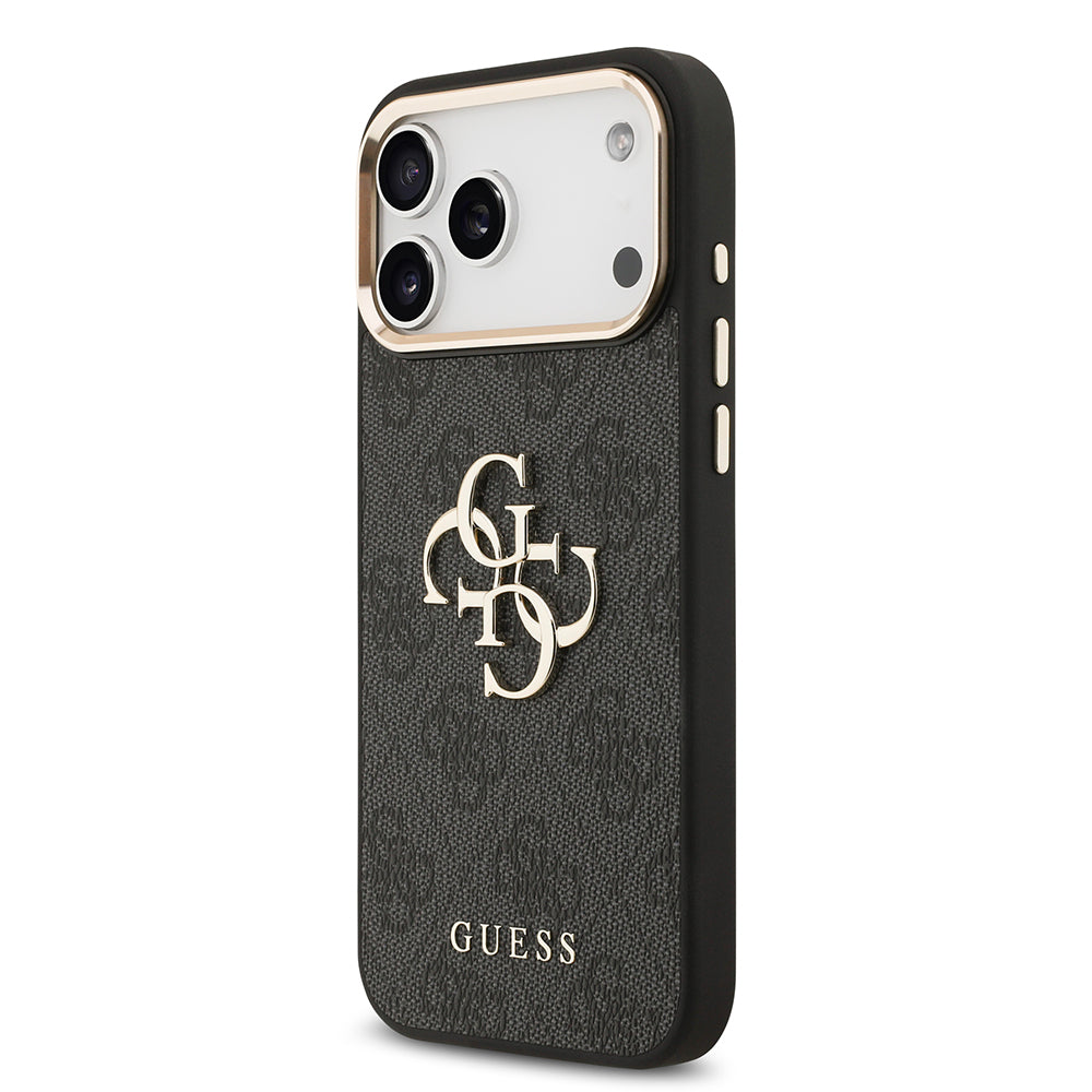 iPhone 17 Pro Max Kılıf Guess Orijinal Lisanslı Gold Metal Kamera Çerçeveli 4G Desenli Metal Büyük 4G ve Yazı Logolu Kılıf