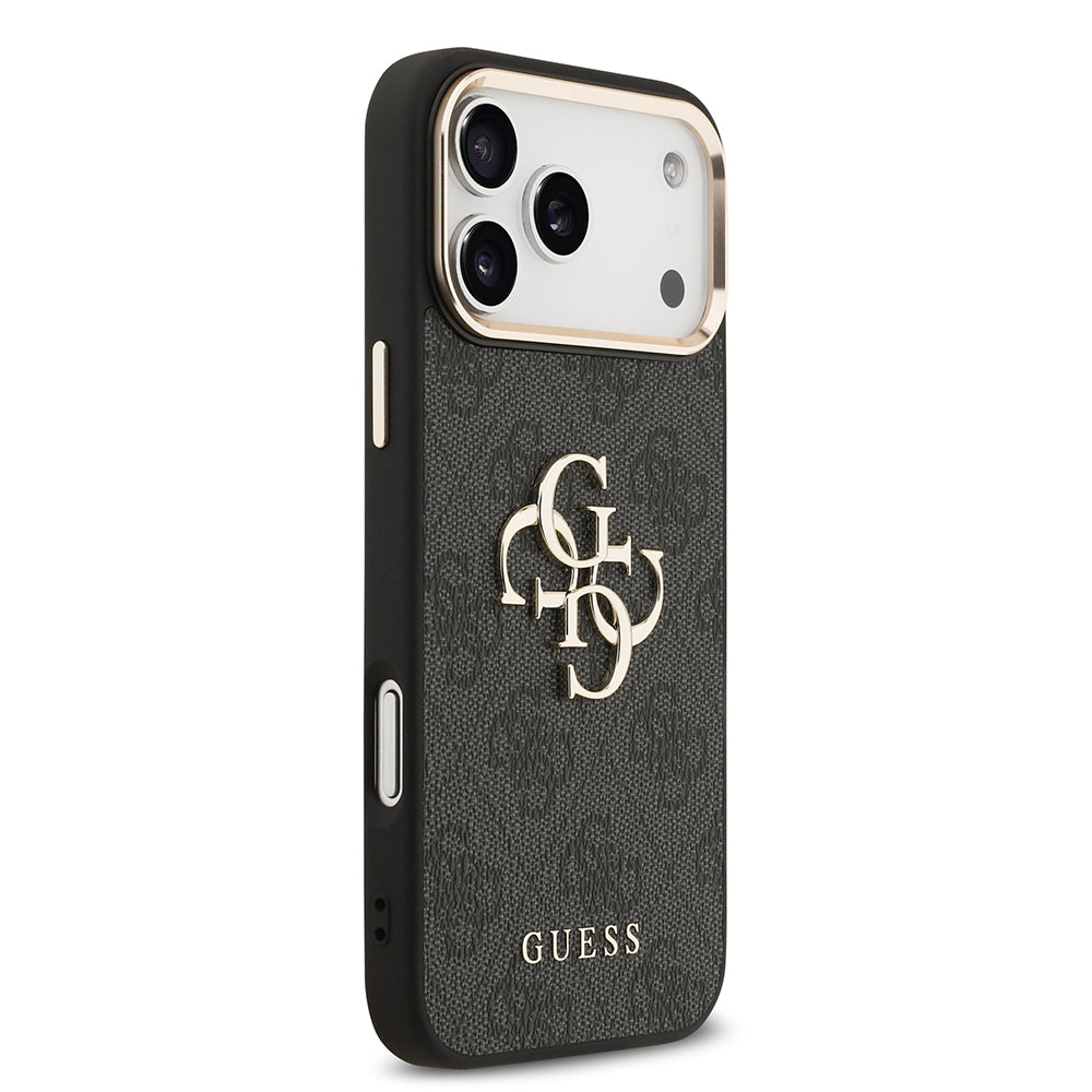 iPhone 17 Pro Max Kılıf Guess Orijinal Lisanslı Gold Metal Kamera Çerçeveli 4G Desenli Metal Büyük 4G ve Yazı Logolu Kılıf