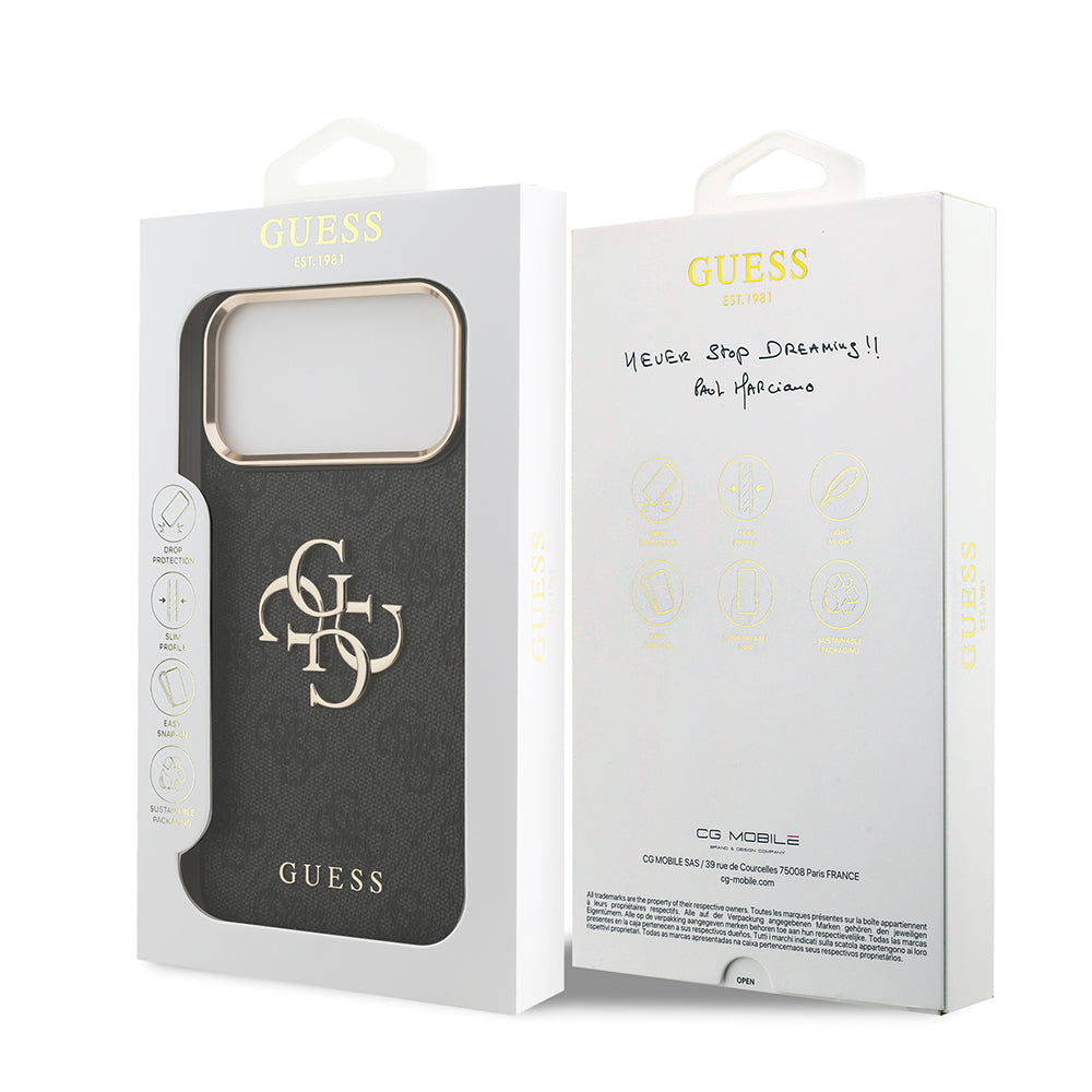 iPhone 17 Pro Max Kılıf Guess Orijinal Lisanslı Gold Metal Kamera Çerçeveli 4G Desenli Metal Büyük 4G ve Yazı Logolu Kılıf