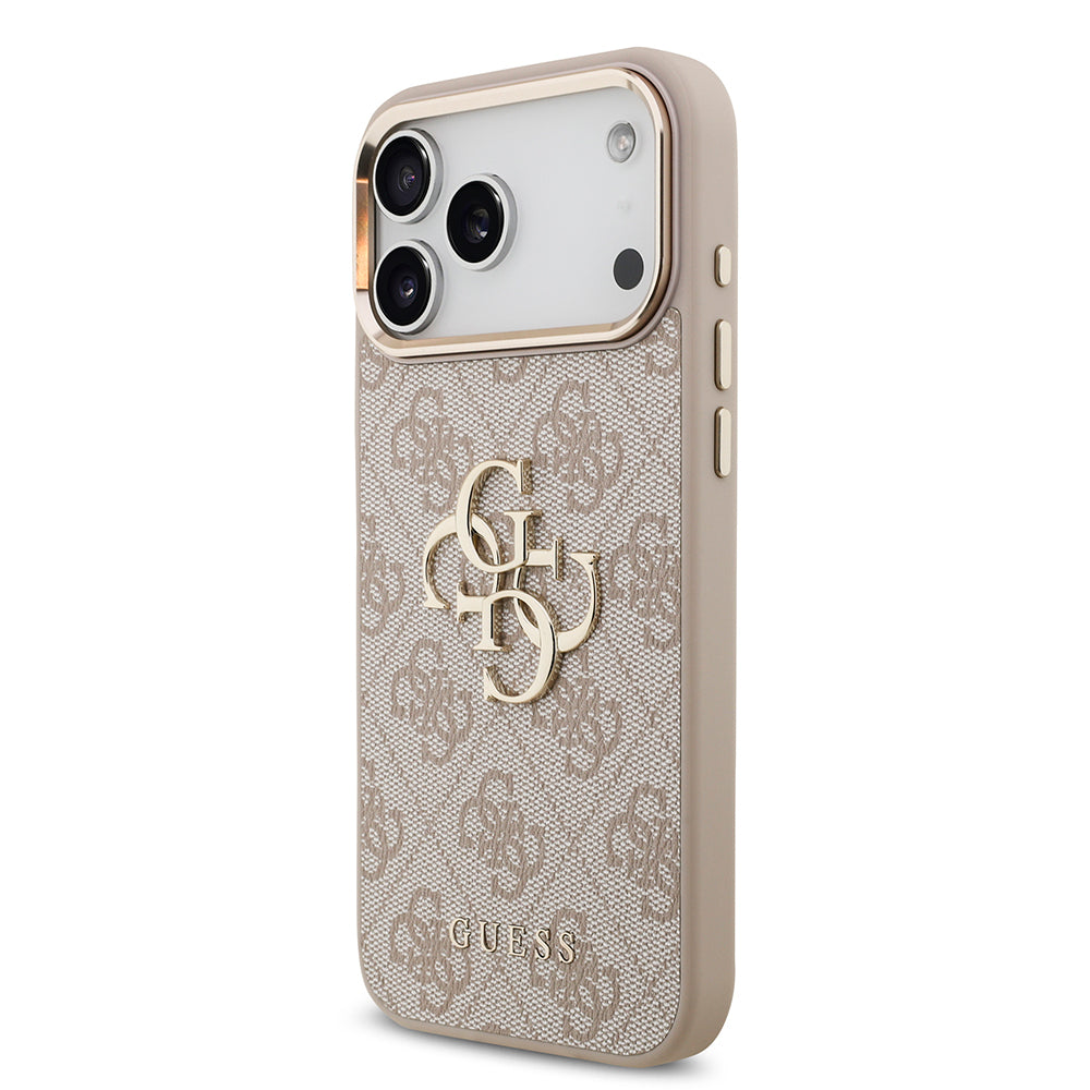 iPhone 17 Pro Max Kılıf Guess Orijinal Lisanslı Gold Metal Kamera Çerçeveli 4G Desenli Metal Büyük 4G ve Yazı Logolu Kılıf