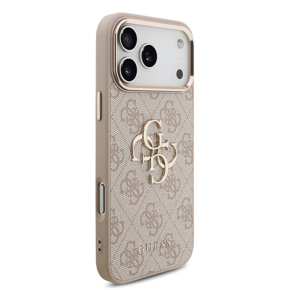 iPhone 17 Pro Max Kılıf Guess Orijinal Lisanslı Gold Metal Kamera Çerçeveli 4G Desenli Metal Büyük 4G ve Yazı Logolu Kılıf