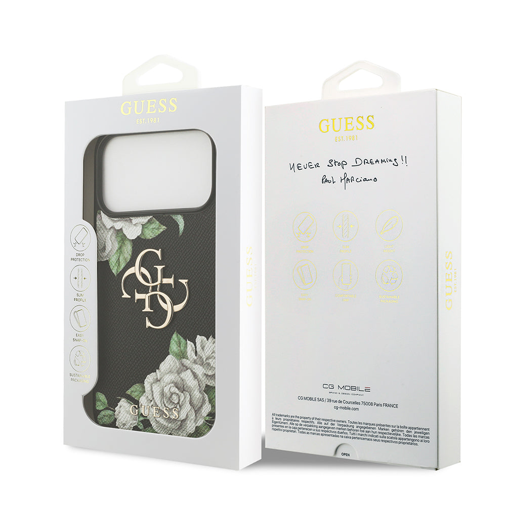 iPhone 17 Pro Max Kılıf Guess Orijinal Lisanslı Gül Baskılı Büyük Metal Logo Dizaynlı Kılıf