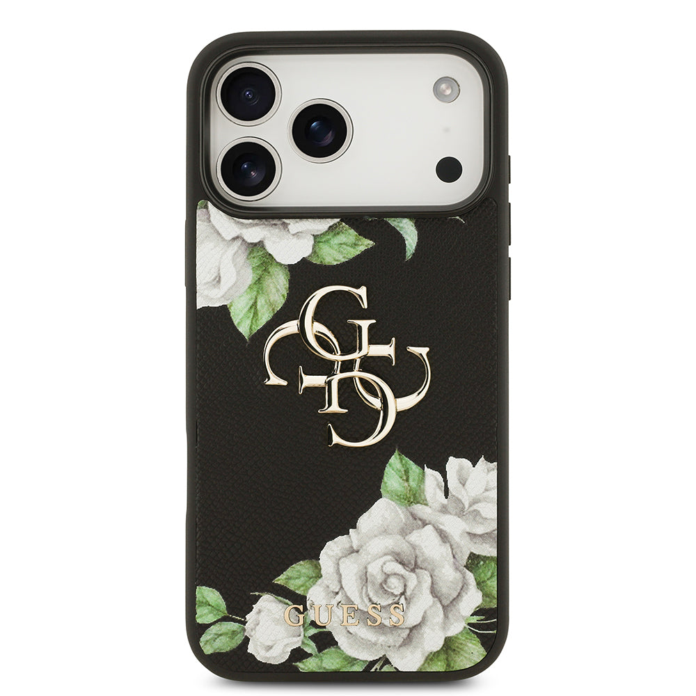 iPhone 17 Pro Max Kılıf Guess Orijinal Lisanslı Gül Baskılı Büyük Metal Logo Dizaynlı Kılıf