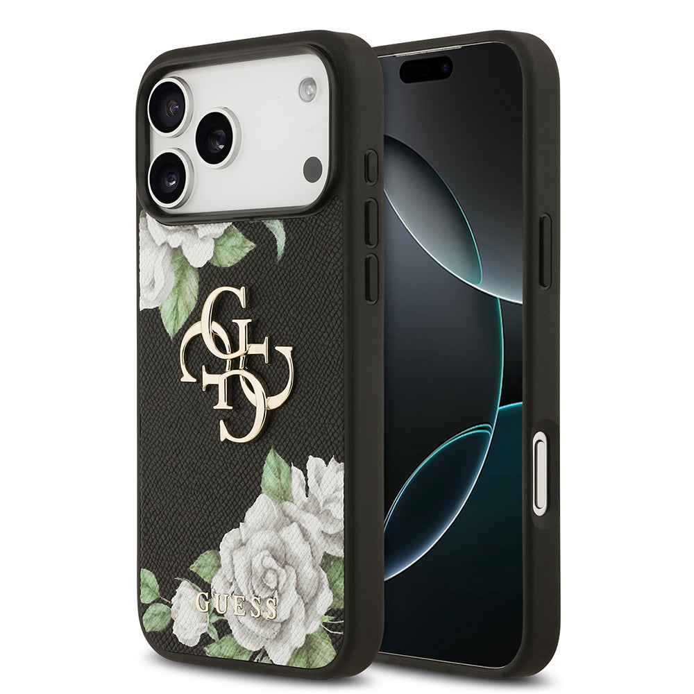 iPhone 17 Pro Max Kılıf Guess Orijinal Lisanslı Gül Baskılı Büyük Metal Logo Dizaynlı Kılıf