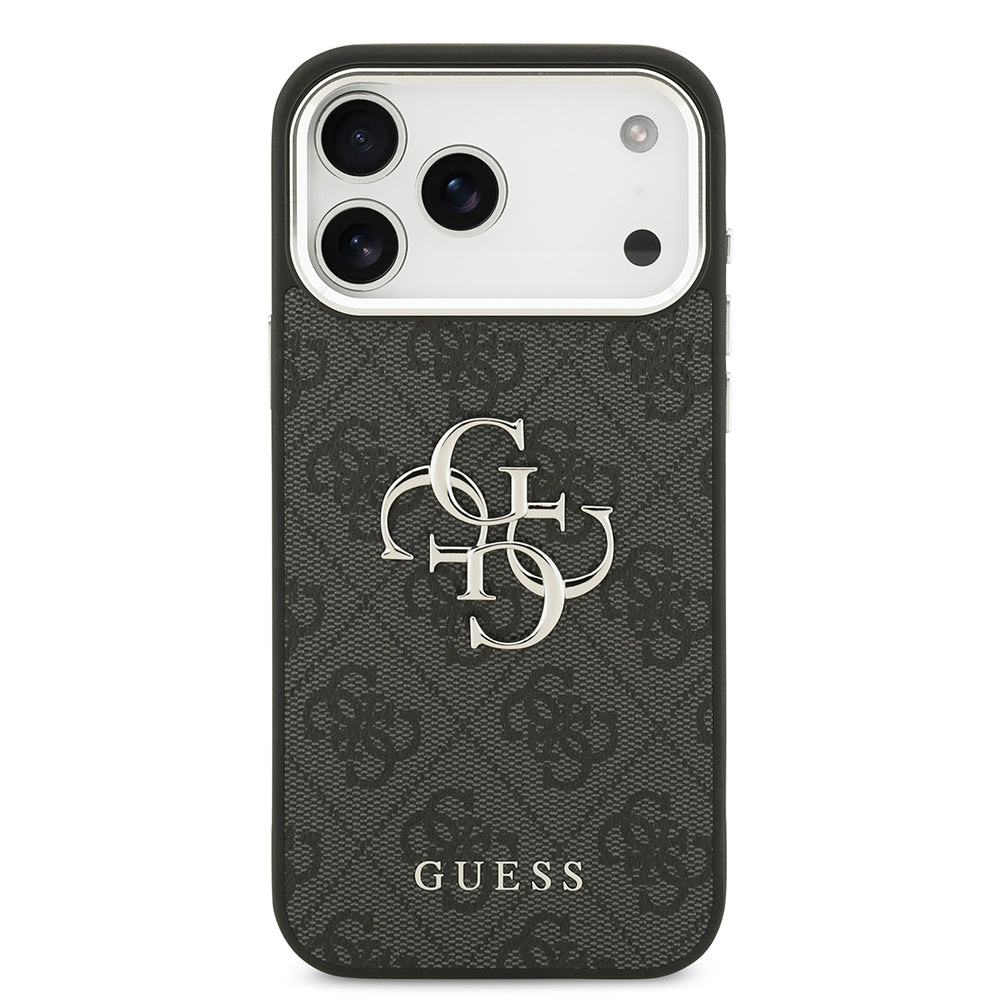 iPhone 17 Pro Max Kılıf Guess Orijinal Lisanslı Gümüş Metal Kamera Çerçeveli 4G Desenli Metal Büyük 4G ve Yazı Logolu Kılıf