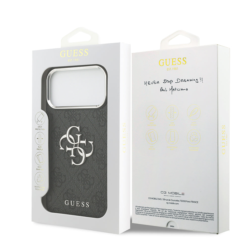 iPhone 17 Pro Max Kılıf Guess Orijinal Lisanslı Gümüş Metal Kamera Çerçeveli 4G Desenli Metal Büyük 4G ve Yazı Logolu Kılıf