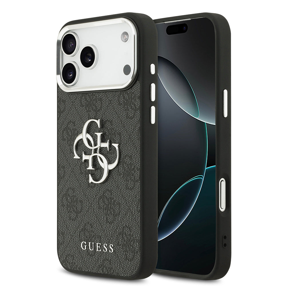 iPhone 17 Pro Max Kılıf Guess Orijinal Lisanslı Gümüş Metal Kamera Çerçeveli 4G Desenli Metal Büyük 4G ve Yazı Logolu Kılıf