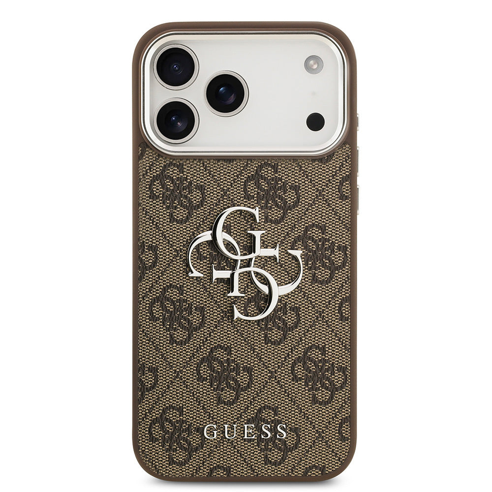 iPhone 17 Pro Max Kılıf Guess Orijinal Lisanslı Gümüş Metal Kamera Çerçeveli 4G Desenli Metal Büyük 4G ve Yazı Logolu Kılıf