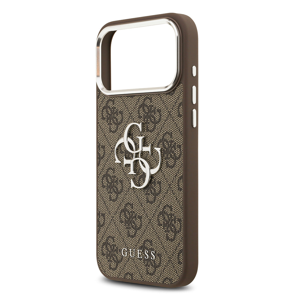 iPhone 17 Pro Max Kılıf Guess Orijinal Lisanslı Gümüş Metal Kamera Çerçeveli 4G Desenli Metal Büyük 4G ve Yazı Logolu Kılıf