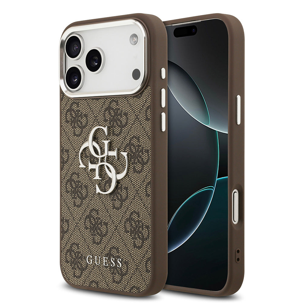iPhone 17 Pro Max Kılıf Guess Orijinal Lisanslı Gümüş Metal Kamera Çerçeveli 4G Desenli Metal Büyük 4G ve Yazı Logolu Kılıf