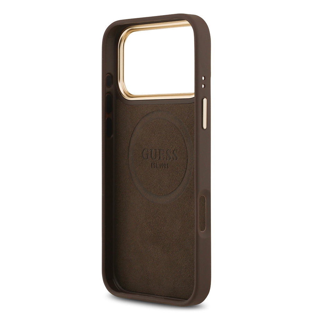 iPhone 17 Pro Max Kılıf Guess Orijinal Lisanslı M-safe Şarj Özellikli 4G Desenli PU Metal Plaka Klasik Logolu Kılıf