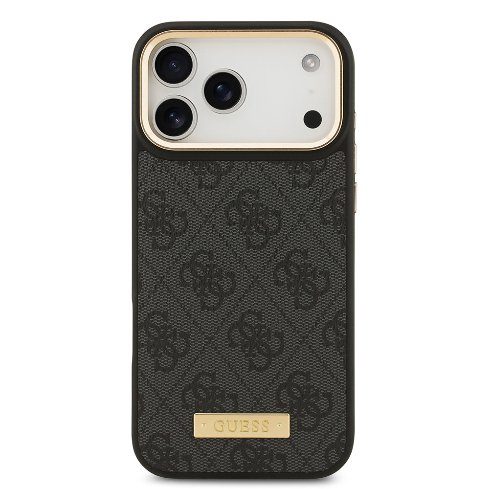 iPhone 17 Pro Max Kılıf Guess Orijinal Lisanslı M-safe Şarj Özellikli 4G Desenli PU Metal Plaka Klasik Logolu Kılıf