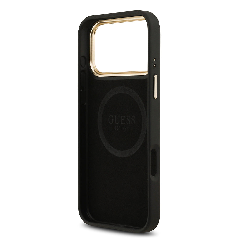 iPhone 17 Pro Max Kılıf Guess Orijinal Lisanslı M-safe Şarj Özellikli 4G Desenli PU Metal Plaka Klasik Logolu Kılıf