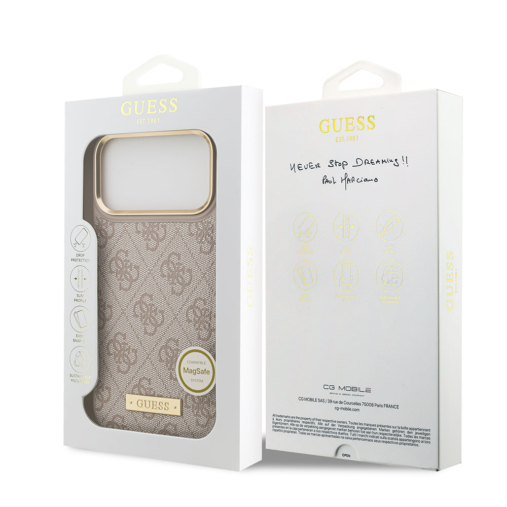 iPhone 17 Pro Max Kılıf Guess Orijinal Lisanslı M-safe Şarj Özellikli 4G Desenli PU Metal Plaka Klasik Logolu Kılıf