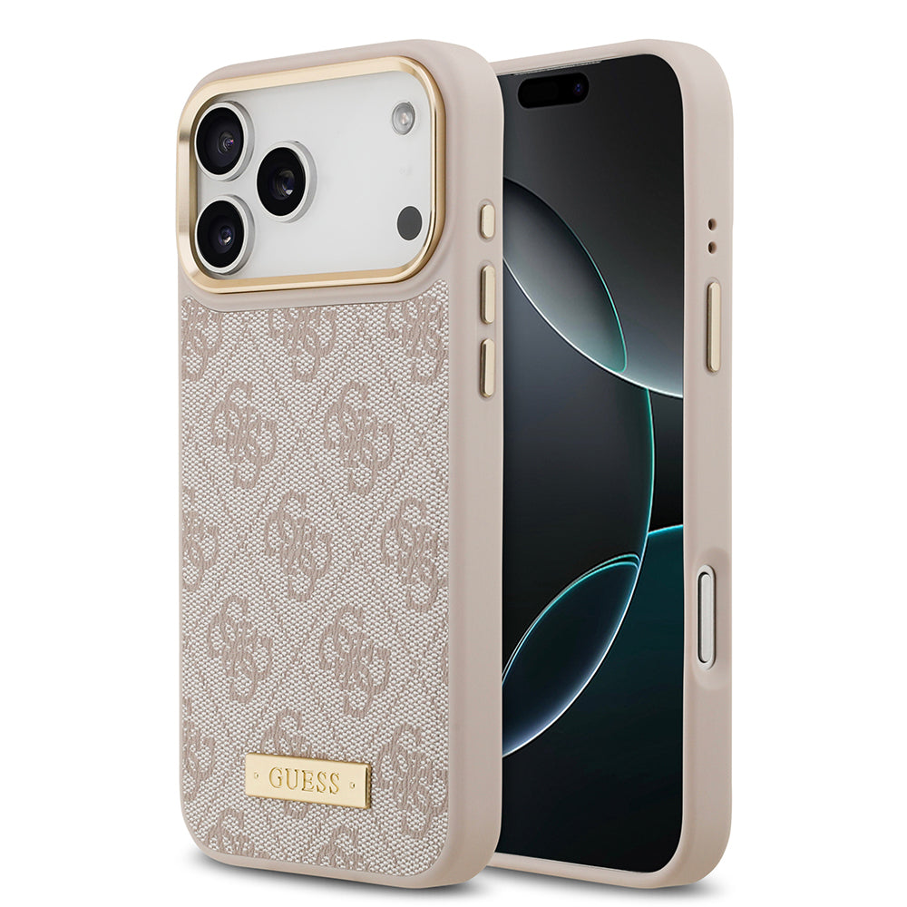 iPhone 17 Pro Max Kılıf Guess Orijinal Lisanslı M-safe Şarj Özellikli 4G Desenli PU Metal Plaka Klasik Logolu Kılıf