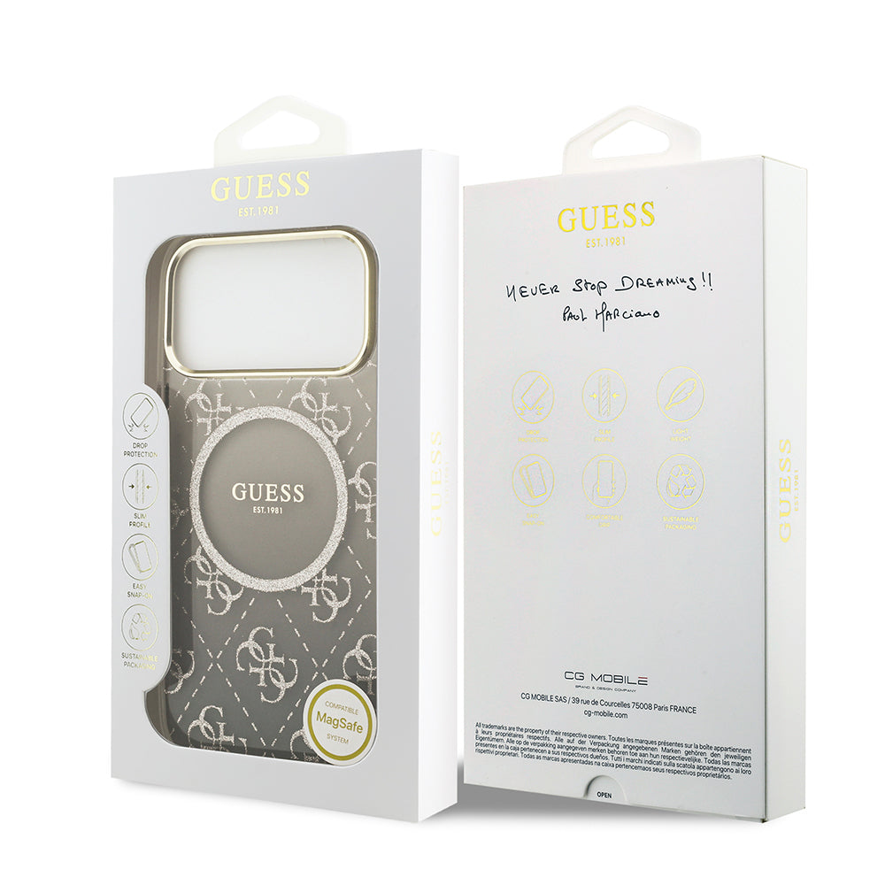 iPhone 17 Pro Max Kılıf Guess Orijinal Lisanslı M-safe Şarj Özellikli 4G Desenli Simli Silikon Kılıf