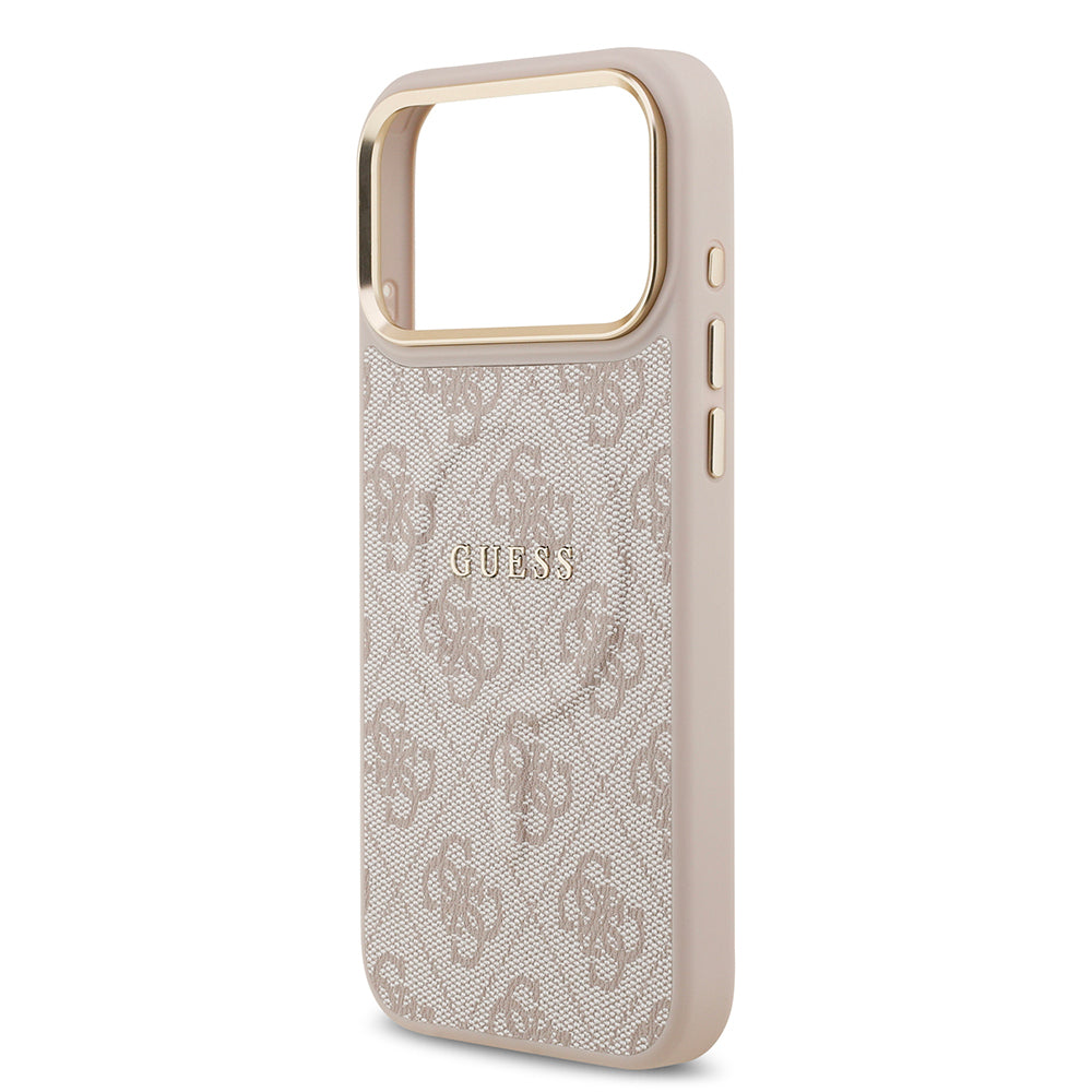 iPhone 17 Pro Max Kılıf Guess Orijinal Lisanslı M-safe Şarj Özellikli Gold Metal Kamera Çerçeveli PU Deri 4G Desenli Yazı Logolu Kılıf