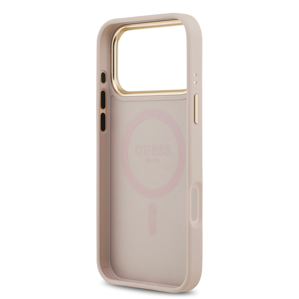 iPhone 17 Pro Max Kılıf Guess Orijinal Lisanslı M-safe Şarj Özellikli Gold Metal Kamera Çerçeveli PU Deri 4G Desenli Yazı Logolu Kılıf