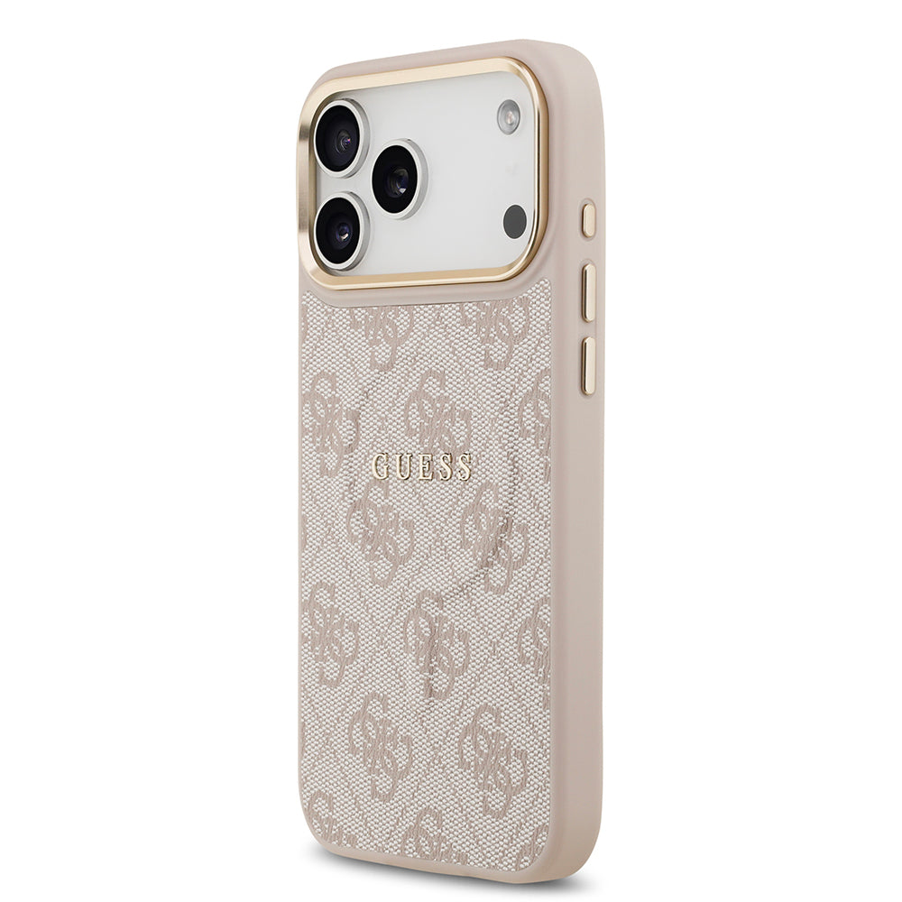 iPhone 17 Pro Max Kılıf Guess Orijinal Lisanslı M-safe Şarj Özellikli Gold Metal Kamera Çerçeveli PU Deri 4G Desenli Yazı Logolu Kılıf