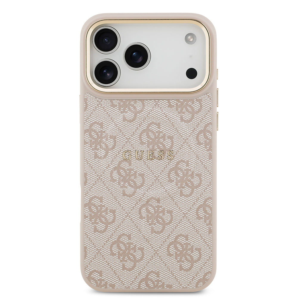iPhone 17 Pro Max Kılıf Guess Orijinal Lisanslı M-safe Şarj Özellikli Gold Metal Kamera Çerçeveli PU Deri 4G Desenli Yazı Logolu Kılıf