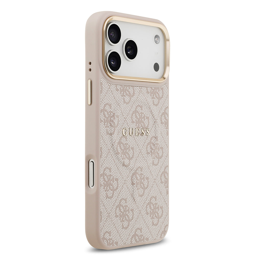 iPhone 17 Pro Max Kılıf Guess Orijinal Lisanslı M-safe Şarj Özellikli Gold Metal Kamera Çerçeveli PU Deri 4G Desenli Yazı Logolu Kılıf