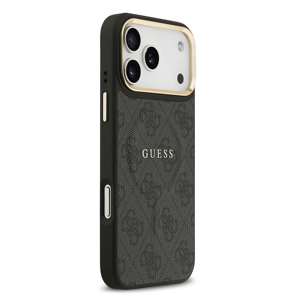 iPhone 17 Pro Max Kılıf Guess Orijinal Lisanslı M-safe Şarj Özellikli Gold Metal Kamera Çerçeveli PU Deri 4G Desenli Yazı Logolu Kılıf