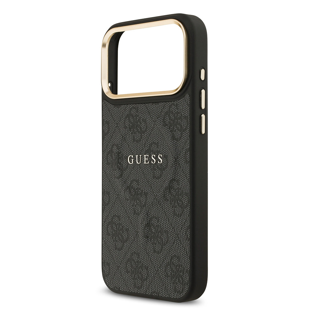iPhone 17 Pro Max Kılıf Guess Orijinal Lisanslı M-safe Şarj Özellikli Gold Metal Kamera Çerçeveli PU Deri 4G Desenli Yazı Logolu Kılıf