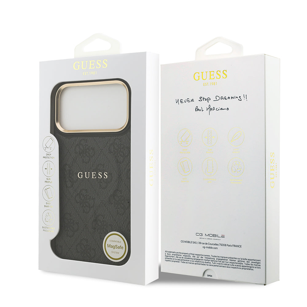 iPhone 17 Pro Max Kılıf Guess Orijinal Lisanslı M-safe Şarj Özellikli Gold Metal Kamera Çerçeveli PU Deri 4G Desenli Yazı Logolu Kılıf