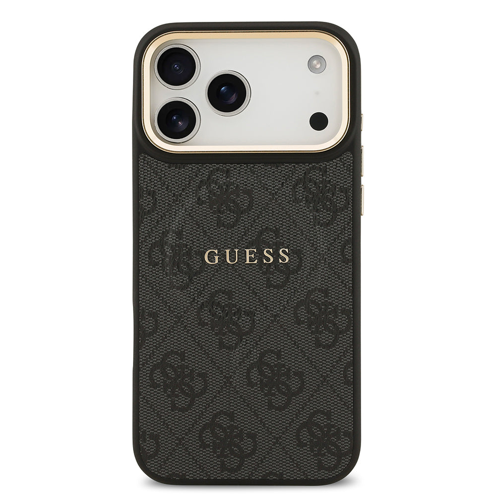 iPhone 17 Pro Max Kılıf Guess Orijinal Lisanslı M-safe Şarj Özellikli Gold Metal Kamera Çerçeveli PU Deri 4G Desenli Yazı Logolu Kılıf