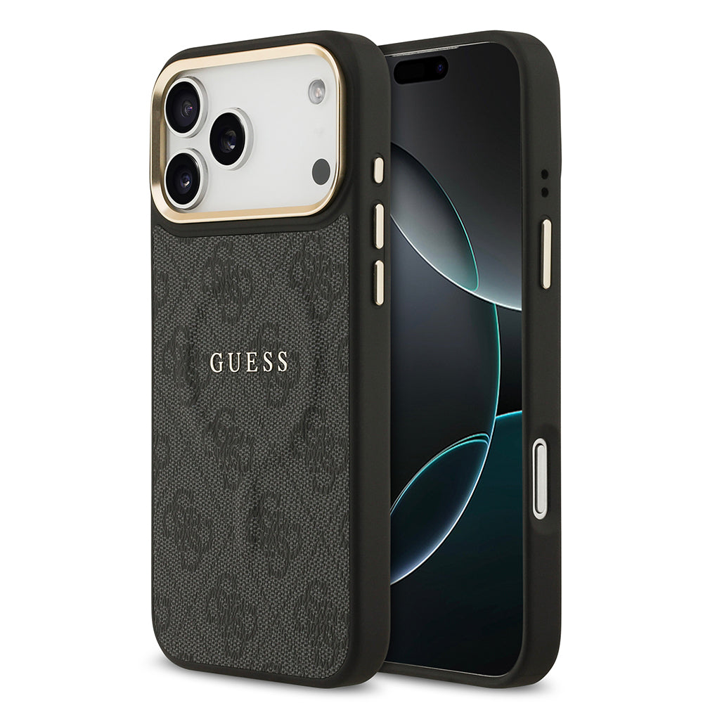 iPhone 17 Pro Max Kılıf Guess Orijinal Lisanslı M-safe Şarj Özellikli Gold Metal Kamera Çerçeveli PU Deri 4G Desenli Yazı Logolu Kılıf