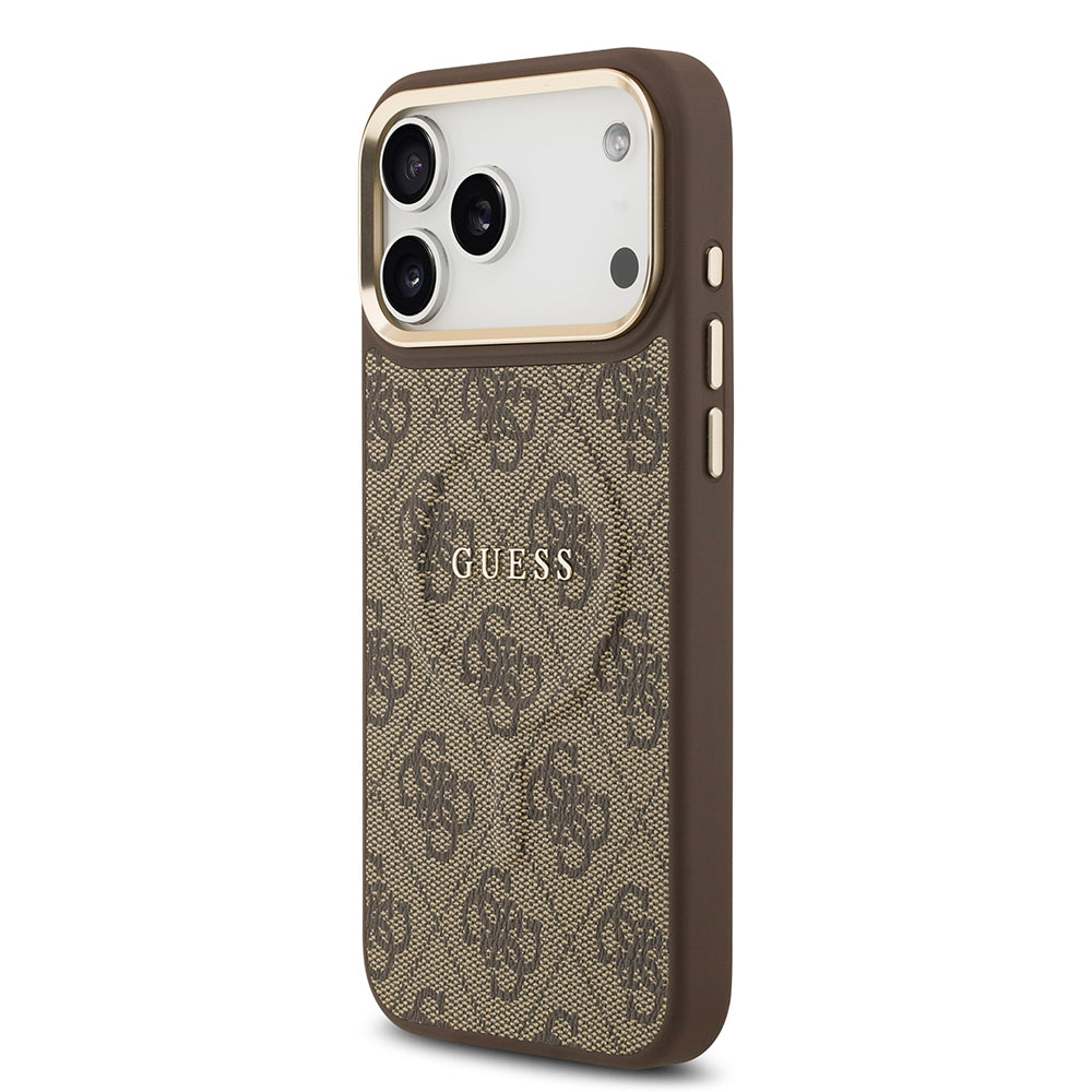 iPhone 17 Pro Max Kılıf Guess Orijinal Lisanslı M-safe Şarj Özellikli Gold Metal Kamera Çerçeveli PU Deri 4G Desenli Yazı Logolu Kılıf