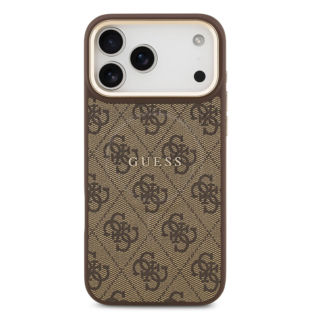 iPhone 17 Pro Max Kılıf Guess Orijinal Lisanslı M-safe Şarj Özellikli Gold Metal Kamera Çerçeveli PU Deri 4G Desenli Yazı Logolu Kılıf