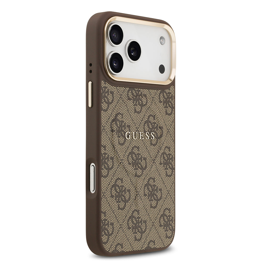 iPhone 17 Pro Max Kılıf Guess Orijinal Lisanslı M-safe Şarj Özellikli Gold Metal Kamera Çerçeveli PU Deri 4G Desenli Yazı Logolu Kılıf
