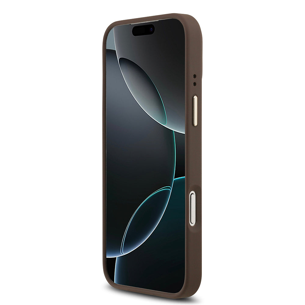 iPhone 17 Pro Max Kılıf Guess Orijinal Lisanslı M-safe Şarj Özellikli Gold Metal Kamera Çerçeveli PU Deri 4G Desenli Yazı Logolu Kılıf