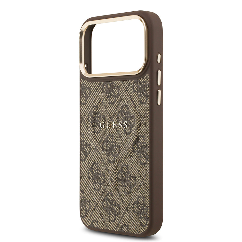 iPhone 17 Pro Max Kılıf Guess Orijinal Lisanslı M-safe Şarj Özellikli Gold Metal Kamera Çerçeveli PU Deri 4G Desenli Yazı Logolu Kılıf