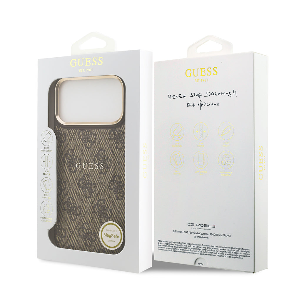 iPhone 17 Pro Max Kılıf Guess Orijinal Lisanslı M-safe Şarj Özellikli Gold Metal Kamera Çerçeveli PU Deri 4G Desenli Yazı Logolu Kılıf