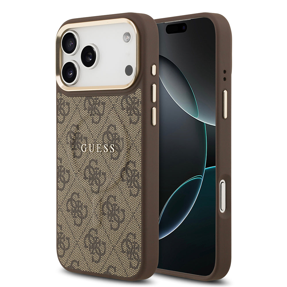 iPhone 17 Pro Max Kılıf Guess Orijinal Lisanslı M-safe Şarj Özellikli Gold Metal Kamera Çerçeveli PU Deri 4G Desenli Yazı Logolu Kılıf
