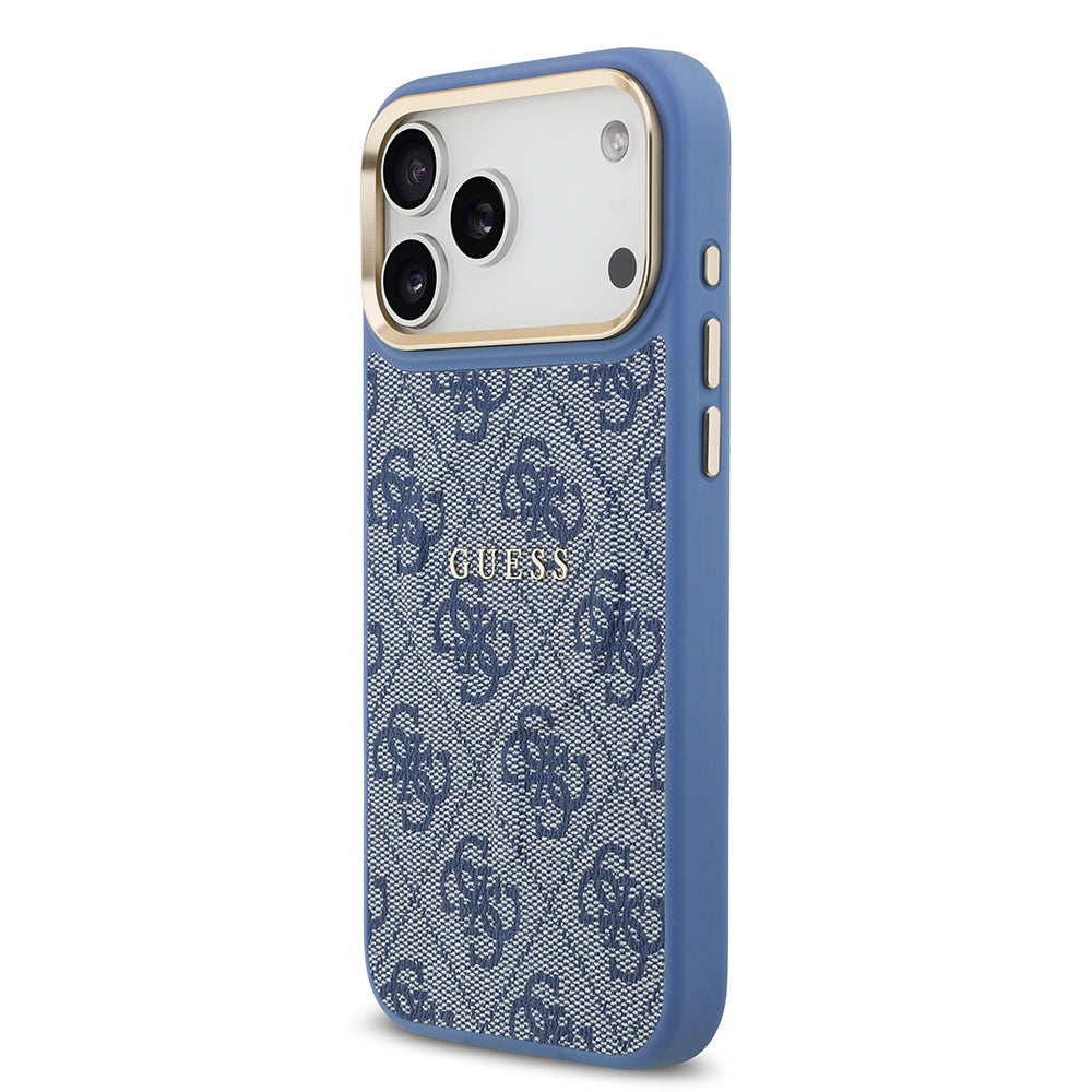 iPhone 17 Pro Max Kılıf Guess Orijinal Lisanslı M-safe Şarj Özellikli Gold Metal Kamera Çerçeveli PU Deri 4G Desenli Yazı Logolu Kılıf